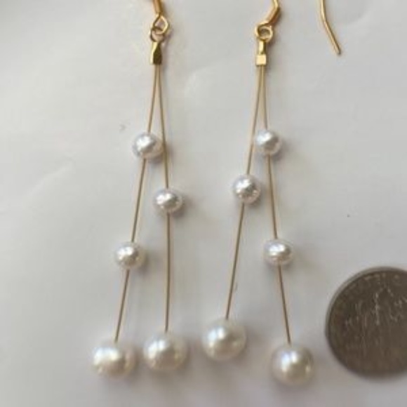 AAA Cultured White Pearl Dangle Earrings-14K GP - Picture 7 of 11